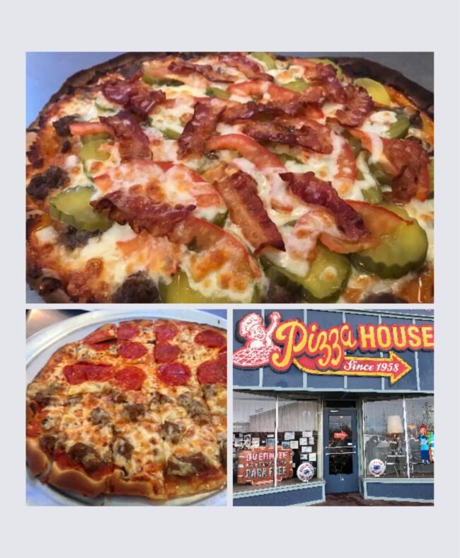 Pizza House on Historic Commercial Street with two hand-rolled thin-crust pizzas and its storefront.