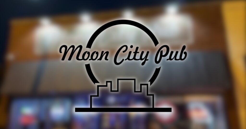 Moon City Pub sign and storefront, a live music pub on Historic Commercial Street in Springfield, Missouri.