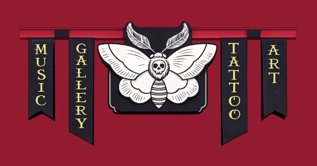 Moth Studio emblem with music, gallery, tattoo, and art banners on Historic C-Street, Springfield, Missouri.