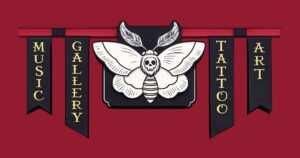 Moth Studio emblem with music, gallery, tattoo, and art banners on Historic C-Street, Springfield, Missouri.