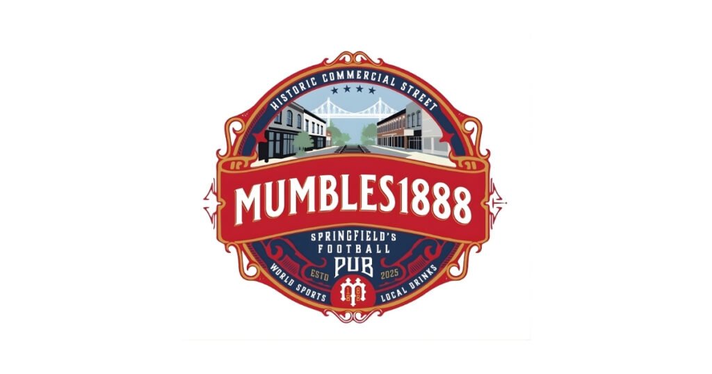Mumbles 1888 badge reading Springfield's Football Pub, on Historic Commercial Street in Springfield, Missouri.