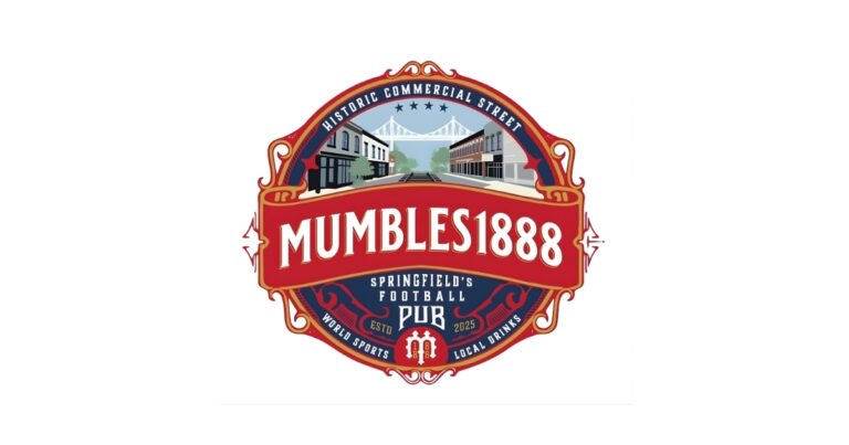 Mumbles 1888 badge reading Springfield's Football Pub, on Historic Commercial Street in Springfield, Missouri.
