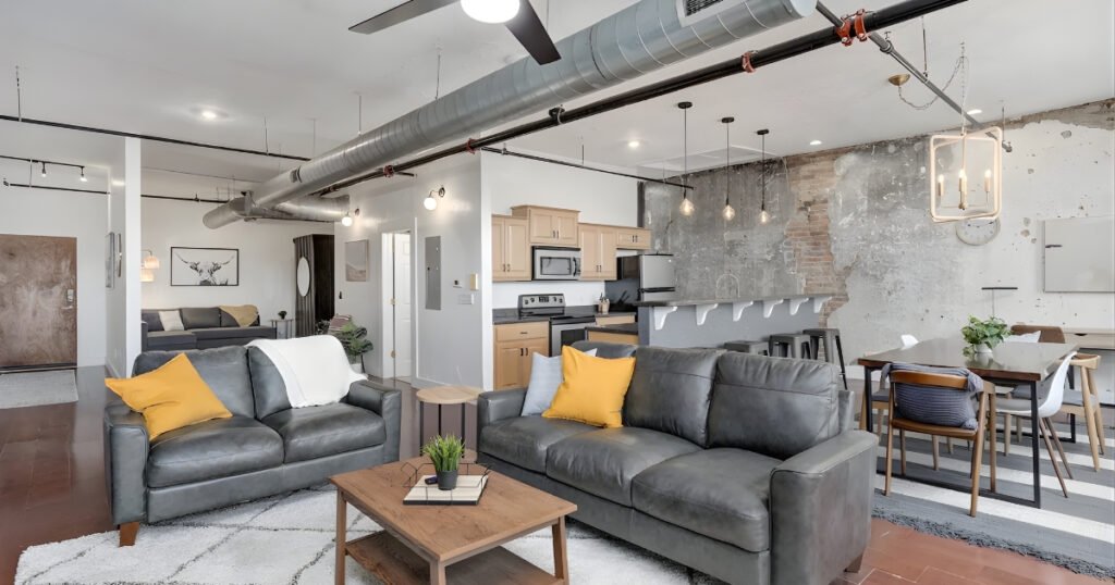 Interior of Queen City Lofts 302, an industrial style loft on Historic Commercial Street, Springfield, MO.