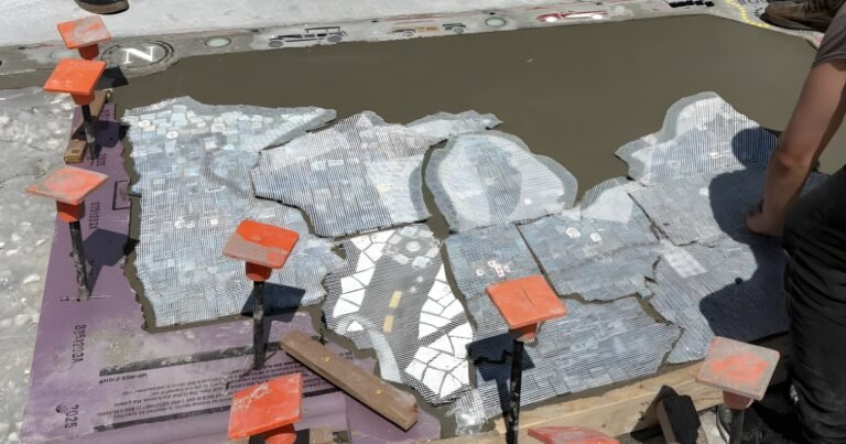 Mosaic tiles being assembled for Route 66 Plaza in Springfield, Missouri.