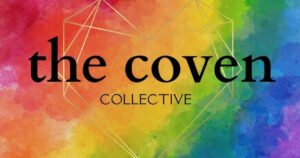 The Coven Collective logo on a rainbow watercolor background, a collective shop on Historic C-Street, Springfield.