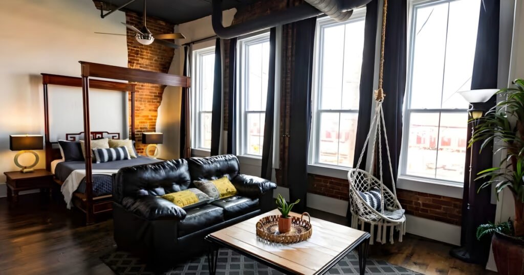 Interior of The Two Story Loft, a two level loft rental on Historic Commercial Street in Springfield, MO.