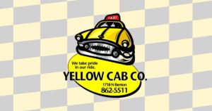 Yellow Cab Co. logo with a cartoon taxi, a Springfield taxi service supporting Historic C-Street, Missouri.
