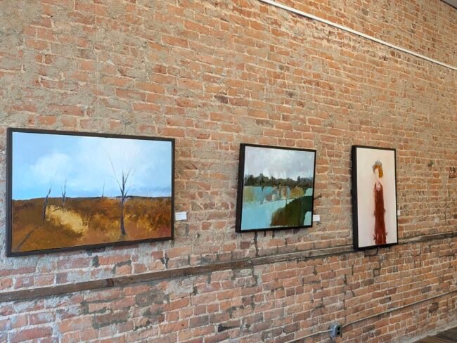 Three Rusty Lindsey paintings on an exposed brick wall at C-ART Gallery on Historic C-Street.