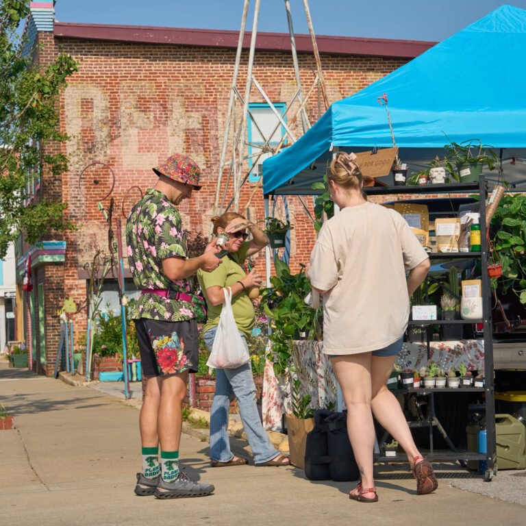 A shopper in a tropical shirt sells houseplants at a plant vendor's booth on Historic C-Street.