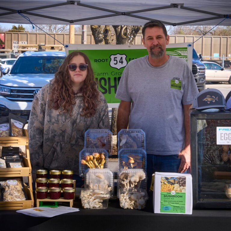 The Root 54 Farm booth of fresh-grown mushrooms and grow kits at the C-Street City Market.