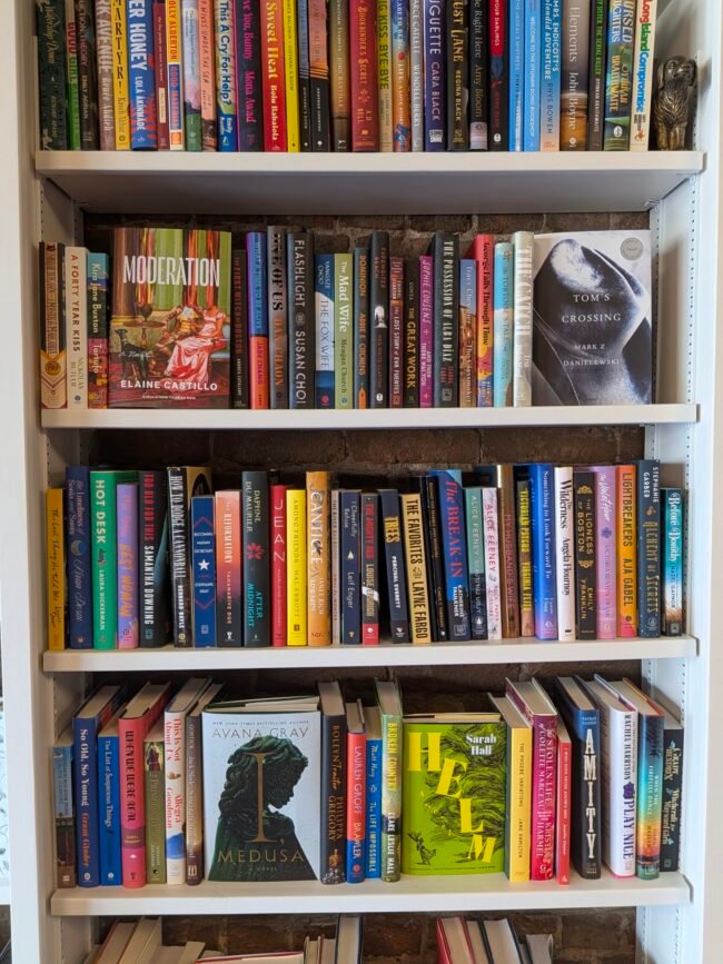 Colorful new-release book spines line the shelves at One More Page bookstore on Historic C-Street.
