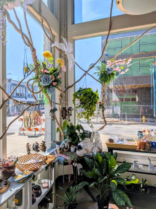 A C-Street shop window filled with hanging plants, macrame, and pottery overlooks Commercial Street.