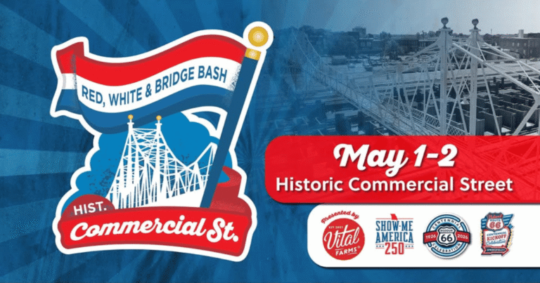 Red White and Bridge Bash graphic for a May 1 to 2 event on Historic Commercial Street, Springfield, Missouri.