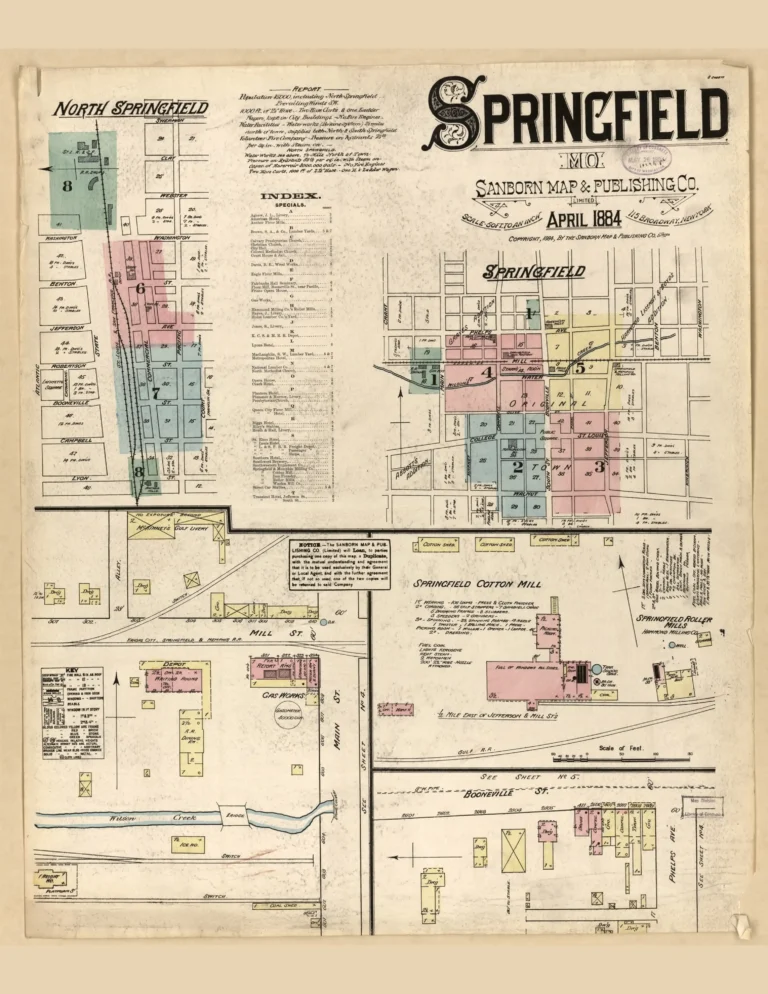 Sanborn fire insurance map index for Springfield and North Springfield, Missouri, April 1884.
