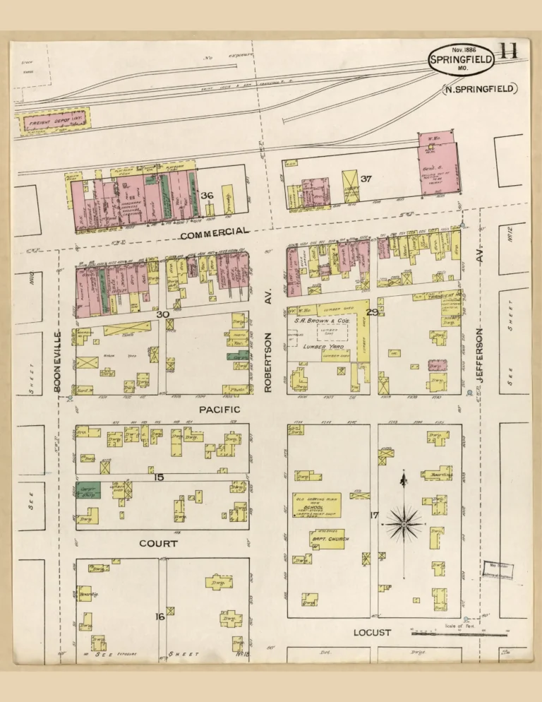 Sanborn fire insurance map of Commercial Street, Springfield, MO, 1886, central sheet.