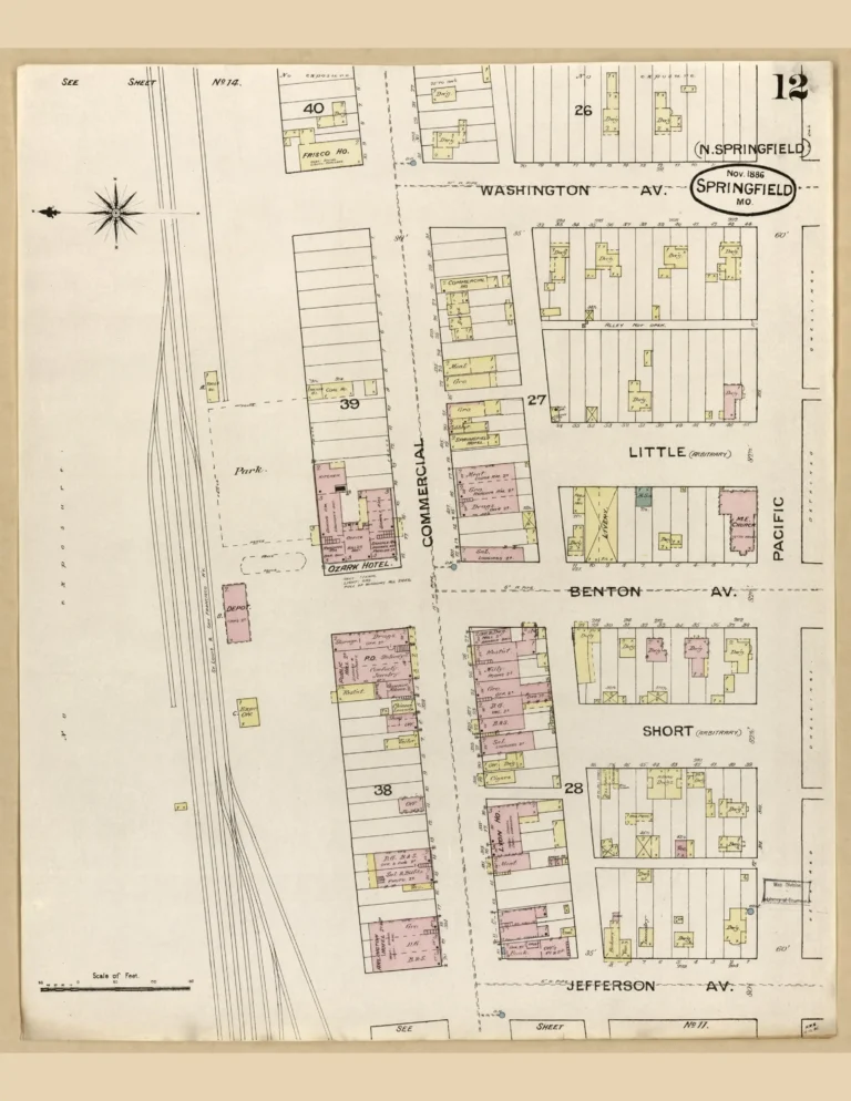 Sanborn fire insurance map of Commercial Street, Springfield, MO, 1886, east sheet.