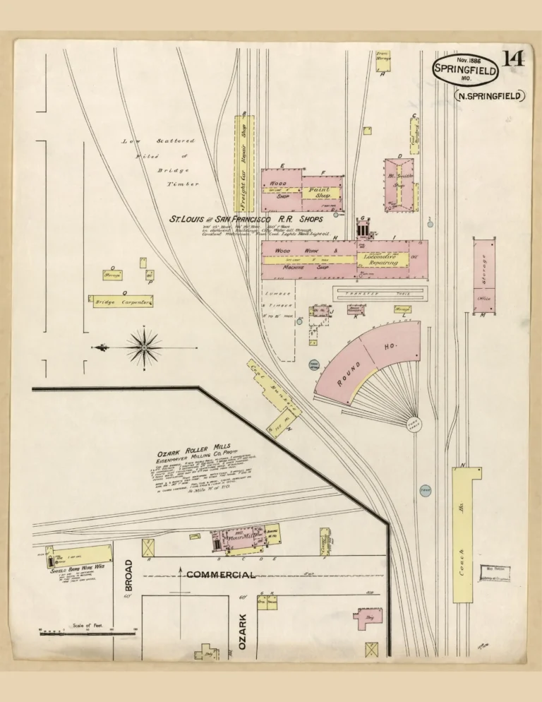 Sanborn fire insurance map of the Frisco rail yards at Commercial Street, Springfield, MO, 1886.