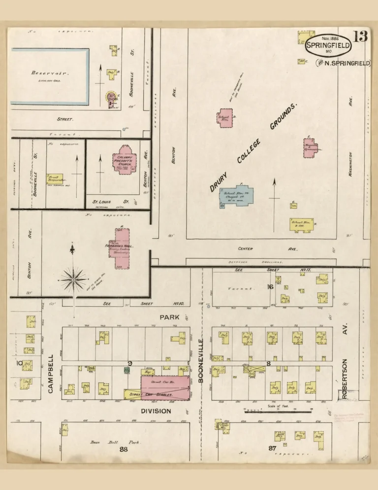 Sanborn fire insurance map of the blocks south of Commercial Street, Springfield, MO, 1886.