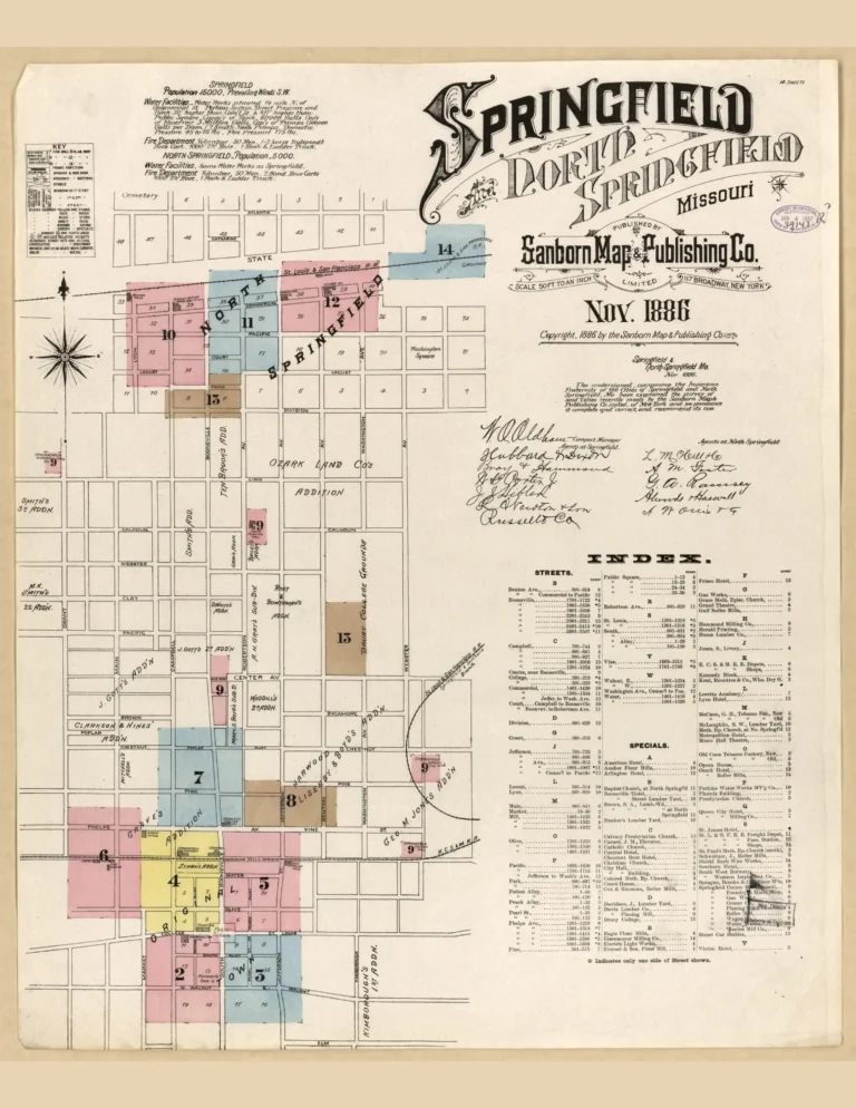 Sanborn fire insurance map index for Springfield and North Springfield, Missouri, November 1886.