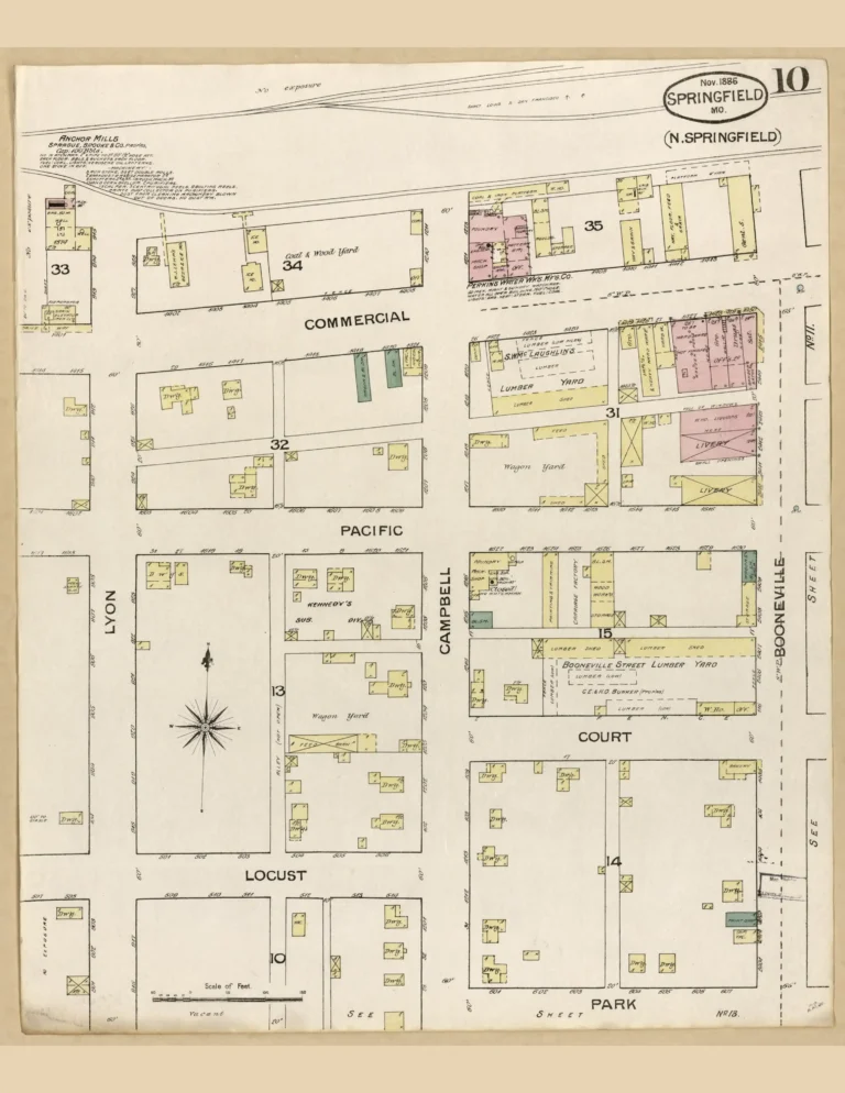 Sanborn fire insurance map of Commercial Street, Springfield, MO, 1886, west sheet.