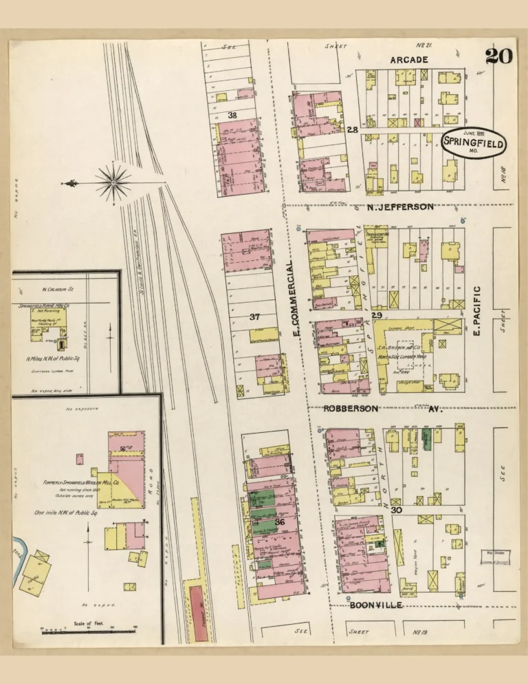 Sanborn fire insurance map of Commercial Street, Springfield, MO, 1891, central sheet.