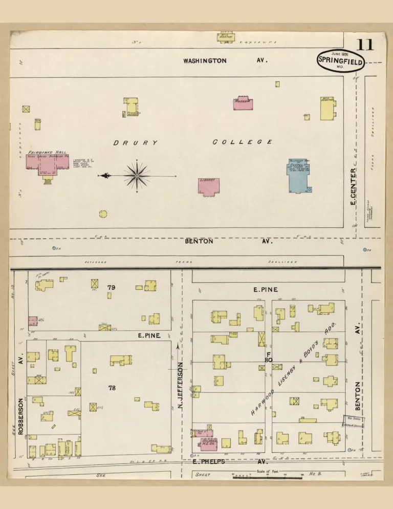 Sanborn fire insurance map of the Drury College area near Commercial Street, Springfield, MO, 1891.