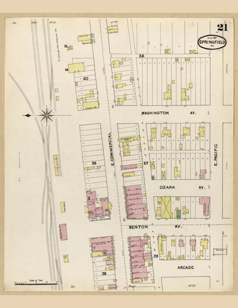 Sanborn fire insurance map of Commercial Street, Springfield, MO, 1891, east sheet.