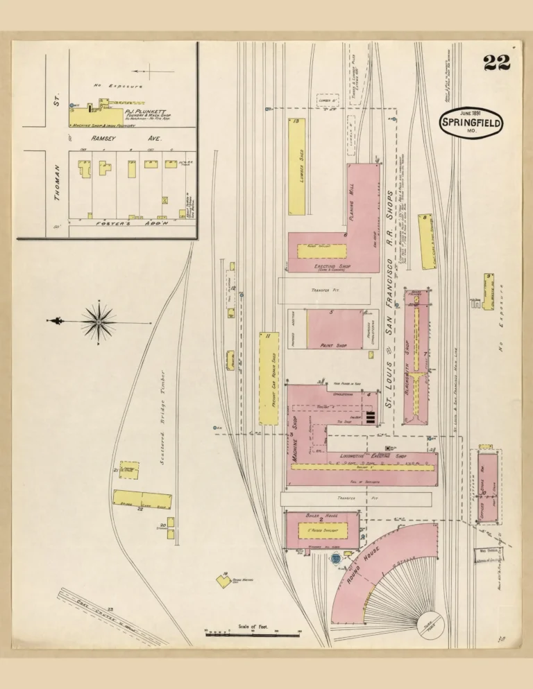 Sanborn fire insurance map of the Frisco rail yards at Commercial Street, Springfield, MO, 1891.