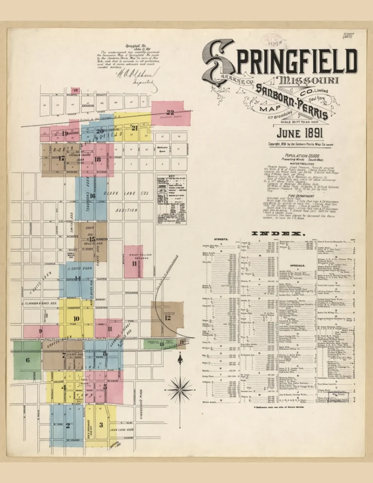 Sanborn fire insurance map index for Springfield, Missouri, June 1891.