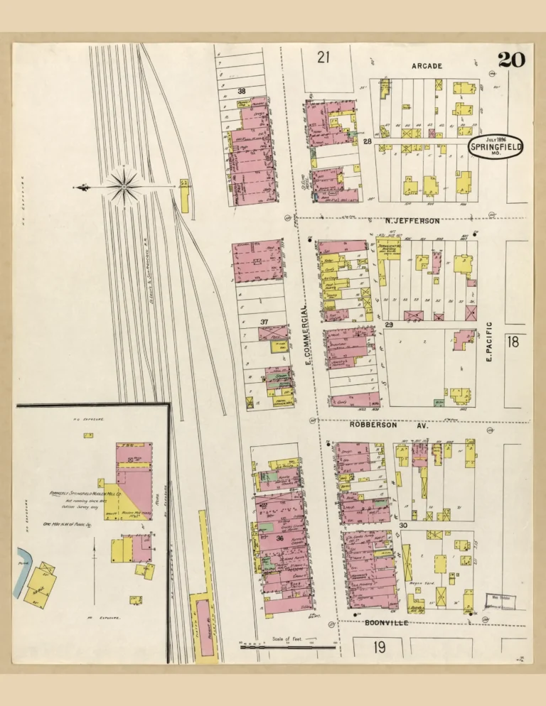 Sanborn fire insurance map of Commercial Street, Springfield, MO, 1896, central sheet.