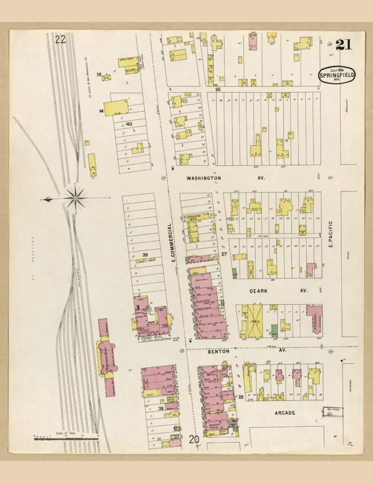 Sanborn fire insurance map of Commercial Street, Springfield, MO, 1896, east sheet.
