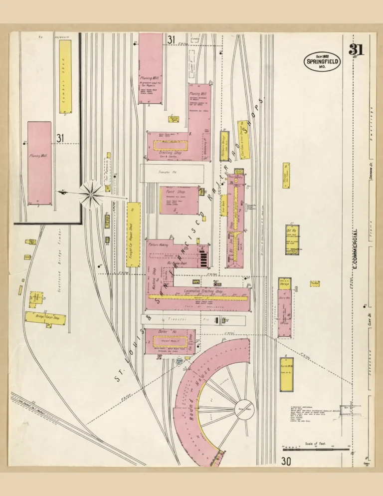 Sanborn fire insurance map of the Frisco rail yards at Commercial Street, Springfield, MO, 1902.