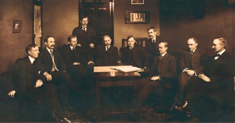 Historic portrait of the members of the Commercial Club of Springfield seated together, Missouri.