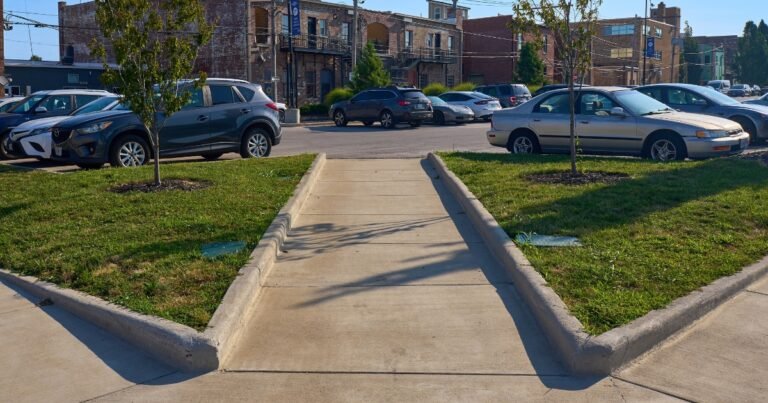 An accessible curb ramp and sidewalk with a grassy median on Historic Commercial Street, Springfield, MO.