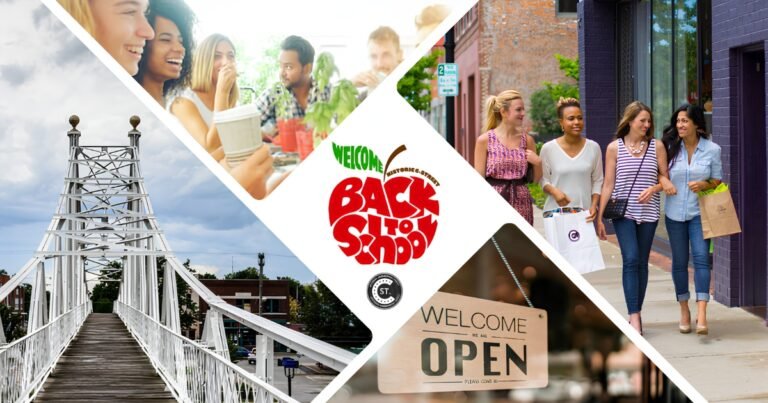 C-Street back-to-school graphic with the footbridge and shoppers, Historic Commercial Street, Springfield, MO.