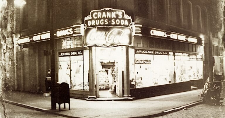 Historic Commercial Street corner building with the J.W. Crank's Drug Co. storefront, Springfield, Missouri.