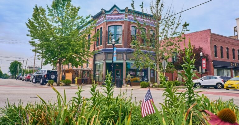 A restored brick corner building and storefronts along Historic Commercial Street, Springfield, Missouri.