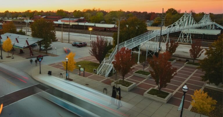 The Jefferson Avenue Footbridge at dusk over the C-Street rail yards, Springfield, Missouri.