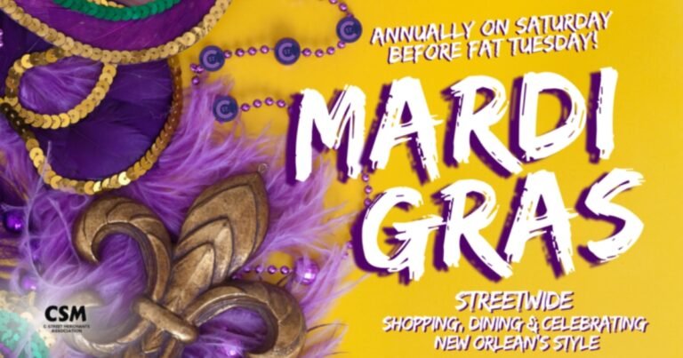 C-Street Mardi Gras graphic with masks and beads for the streetwide celebration, Springfield, Missouri.