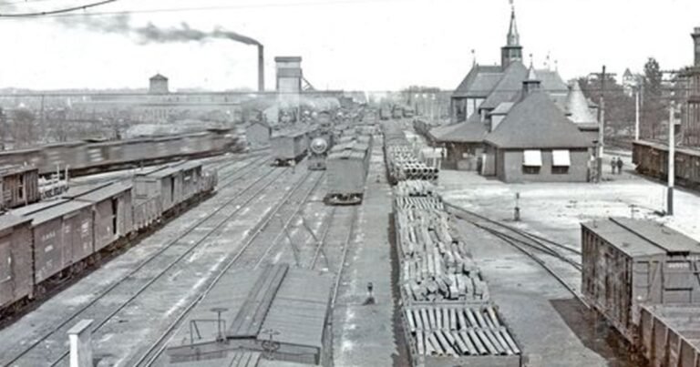 Historic panorama of the Frisco rail yards where Commercial Street began, Springfield, Missouri.