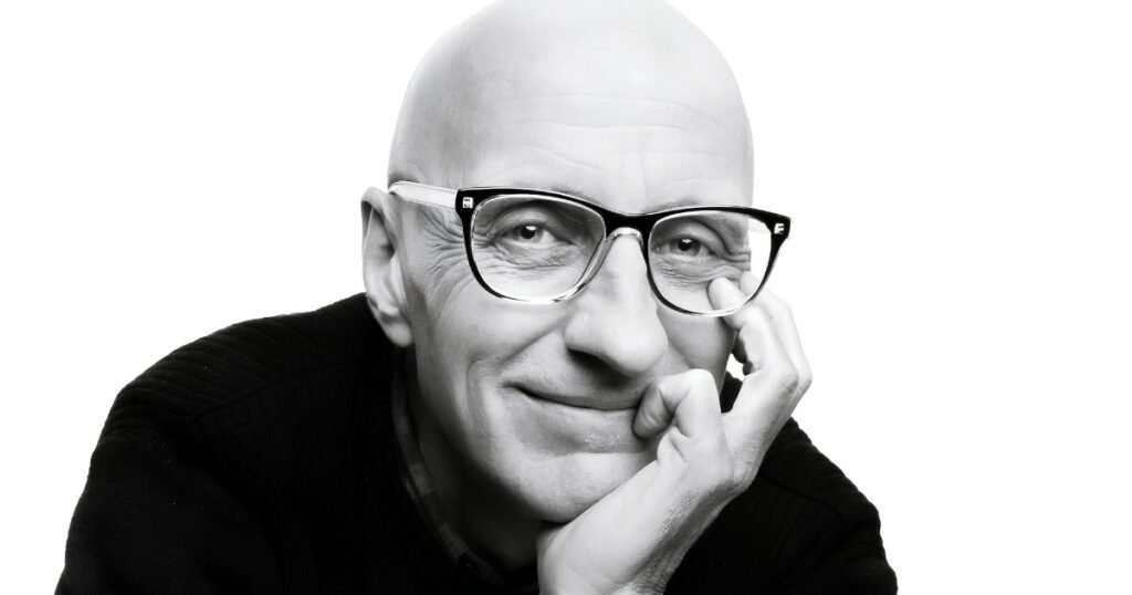 Black-and-white portrait of Springfield photographer Randy Bacon of Historic C-Street, Missouri.