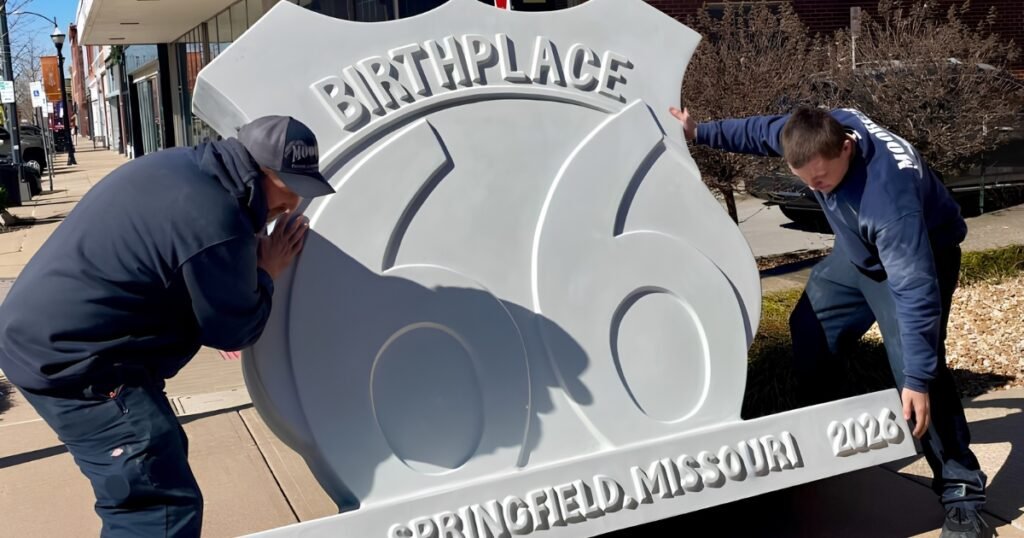 Workers delivering the Birthplace 66 Route 66 centennial sculpture on Historic Commercial Street, Springfield, MO.