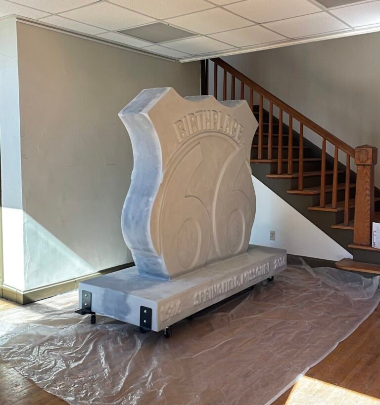 The Birthplace 66 Route 66 centennial sculpture unpainted in the studio before installation, Springfield, MO.