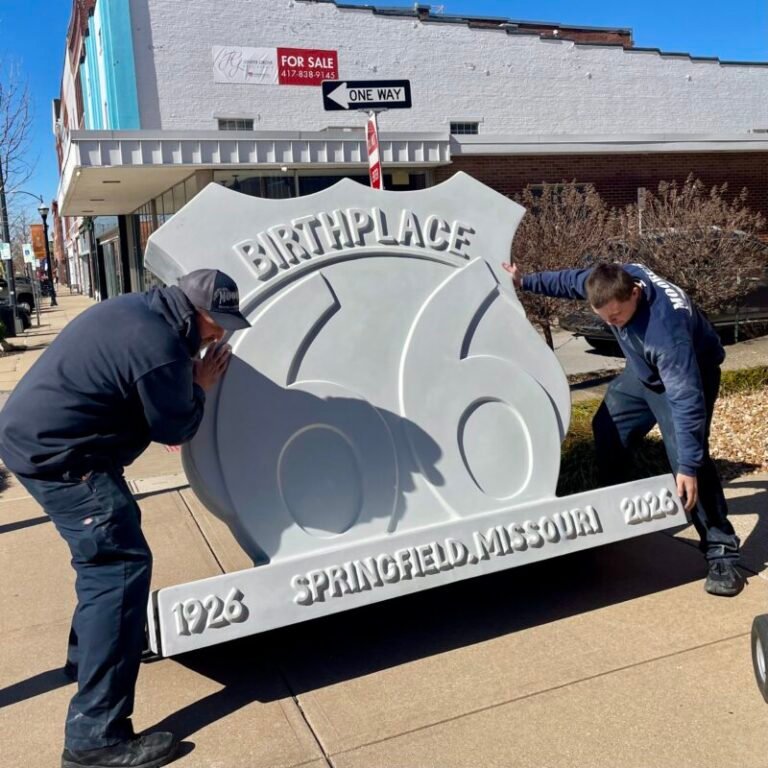 Workers delivering the Birthplace 66 Route 66 centennial sculpture on Historic Commercial Street, Springfield, MO.