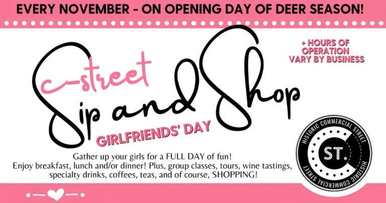 C-Street Sip and Shop Girlfriends' Day graphic for a November shopping event, Springfield, Missouri.