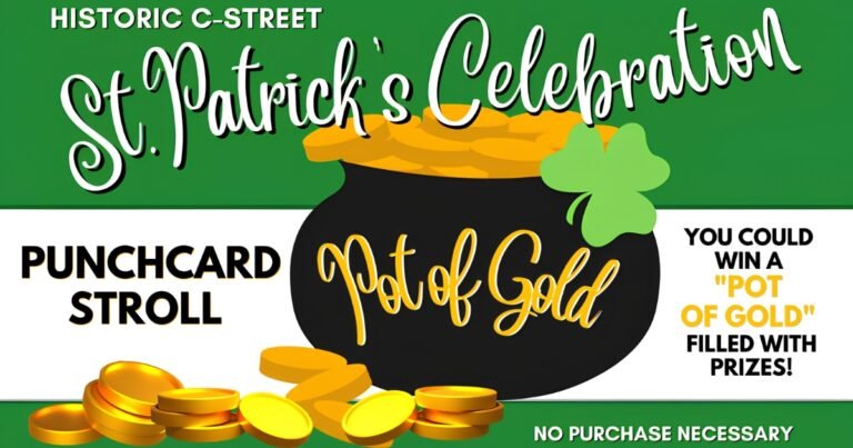 C-Street St. Patrick's Punchcard Stroll graphic with a pot of gold, Historic Commercial Street, Springfield, MO.
