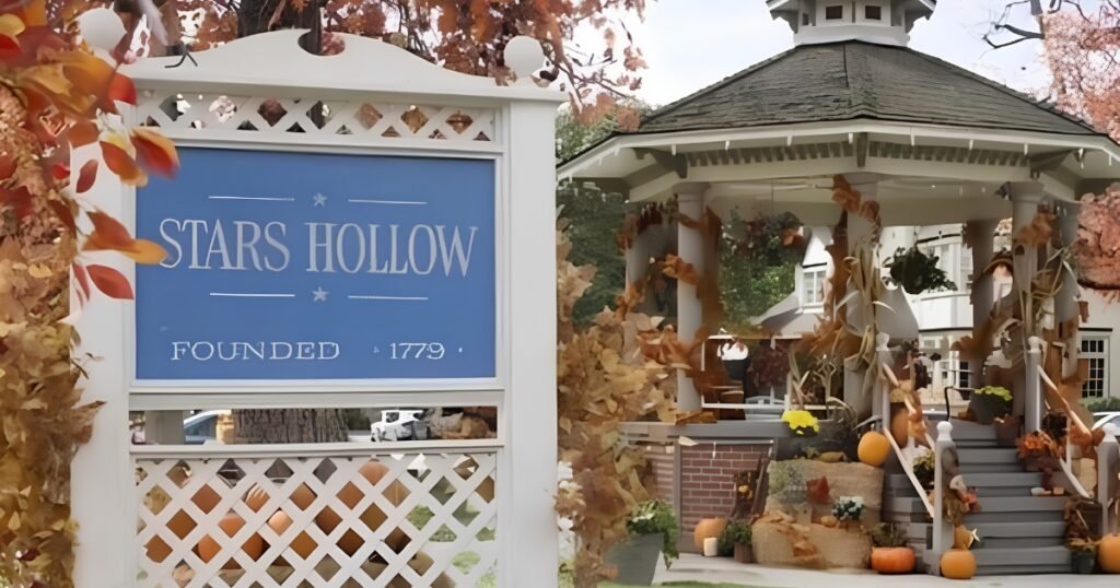 A Stars Hollow themed autumn display with a gazebo and Founded 1779 sign on C-Street, Springfield, MO.