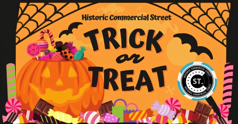 Historic Commercial Street Trick or Treat Halloween graphic with a pumpkin and candy, Springfield, MO.