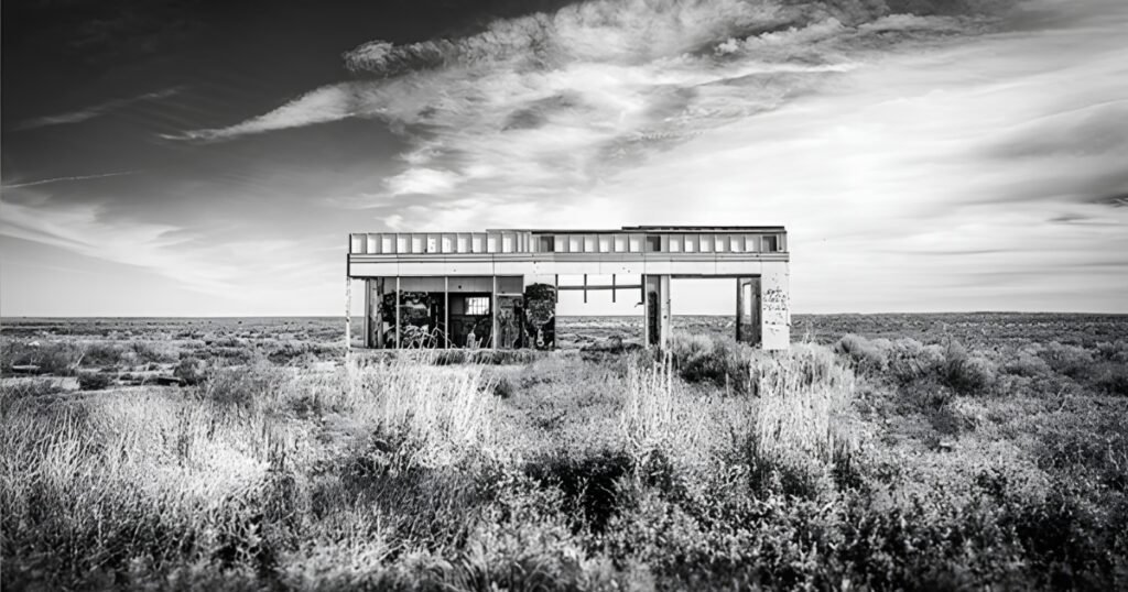 A black-and-white Route 66 photo of an abandoned building from the Two Voices One Road exhibit, Springfield, MO.