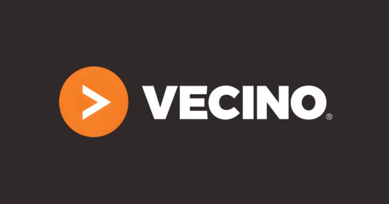 Vecino logo with an orange play button mark, an organization in Springfield's Historic C-Street community.